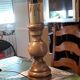 Turned wood table lamp with “skin” shade