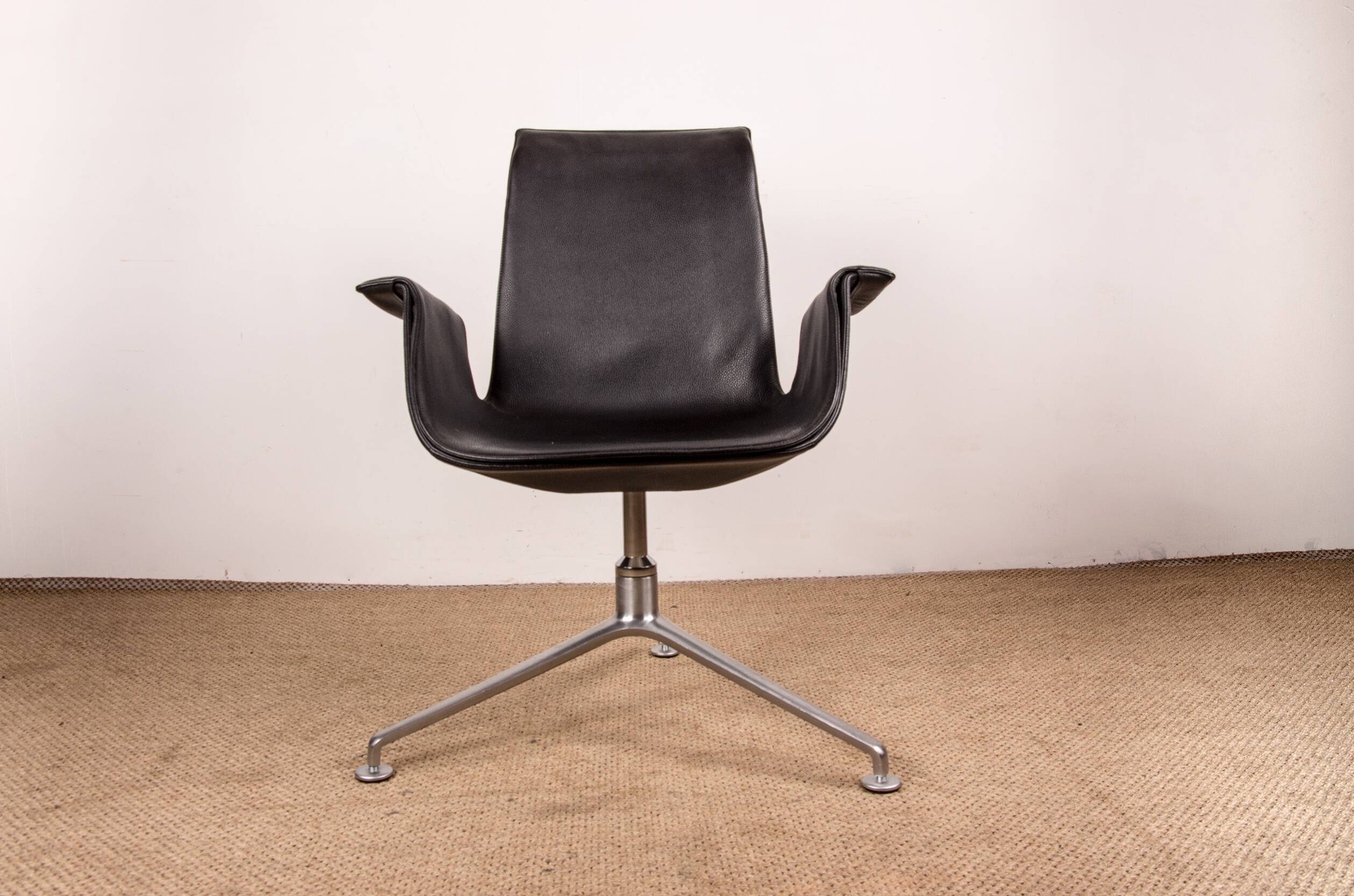 Danish armchair in black leather and chromed steel, model fk 6725 or “tulip chair” by preben fabricius