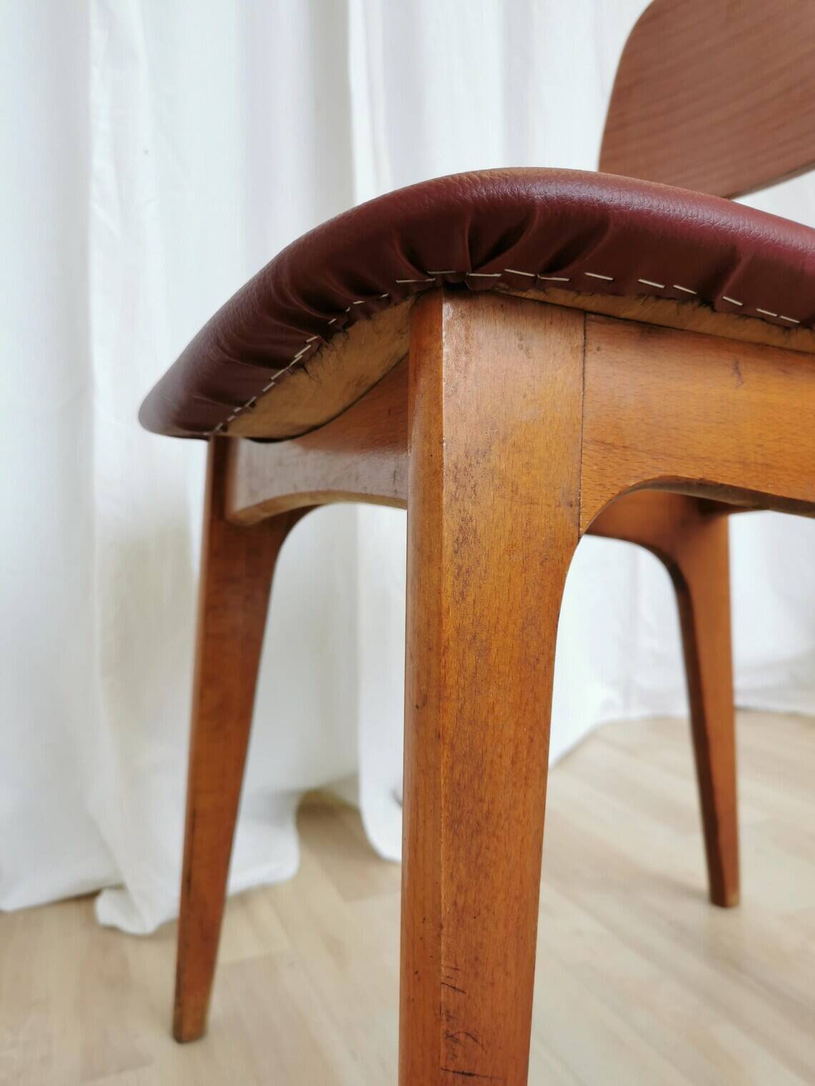 Vintage Beech Wood Dining Chair: Red Faux Leather, Made in Yugoslavia