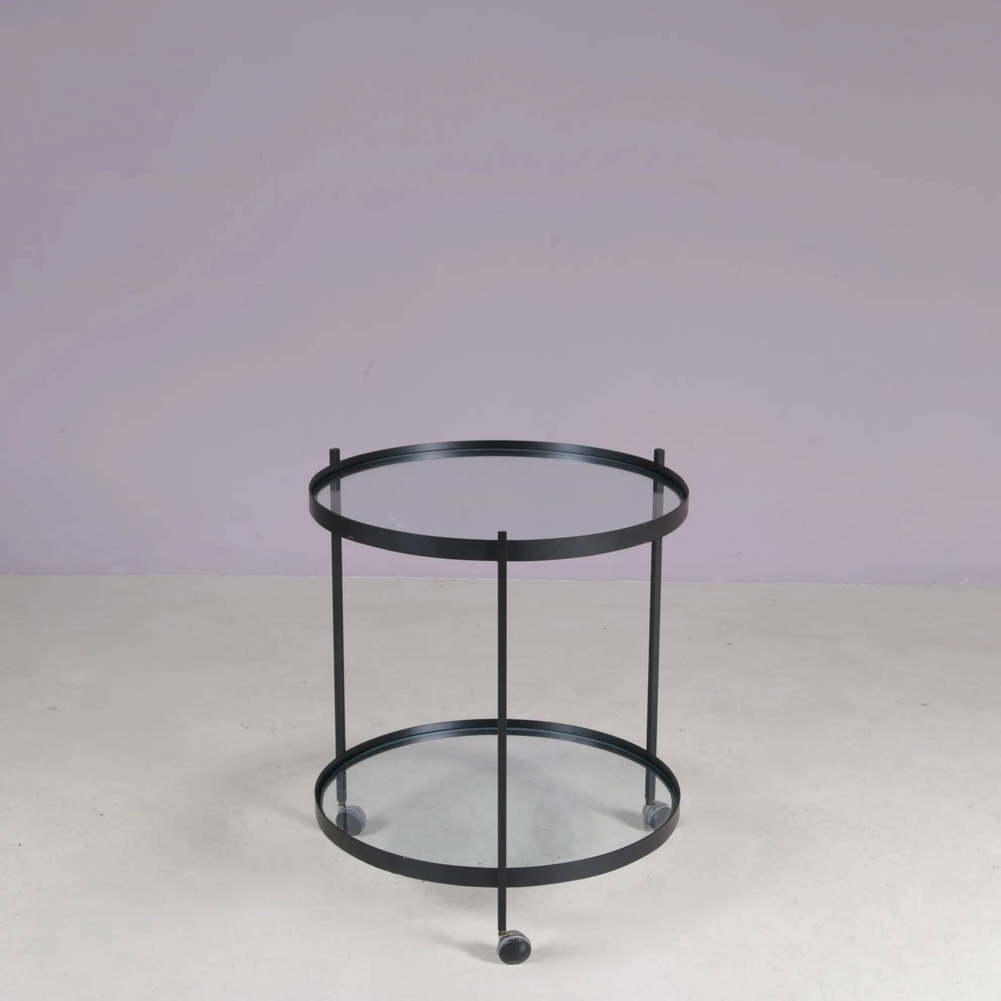 1960s round trolley black metal with two glass tops Janni van Pelt Netherlands