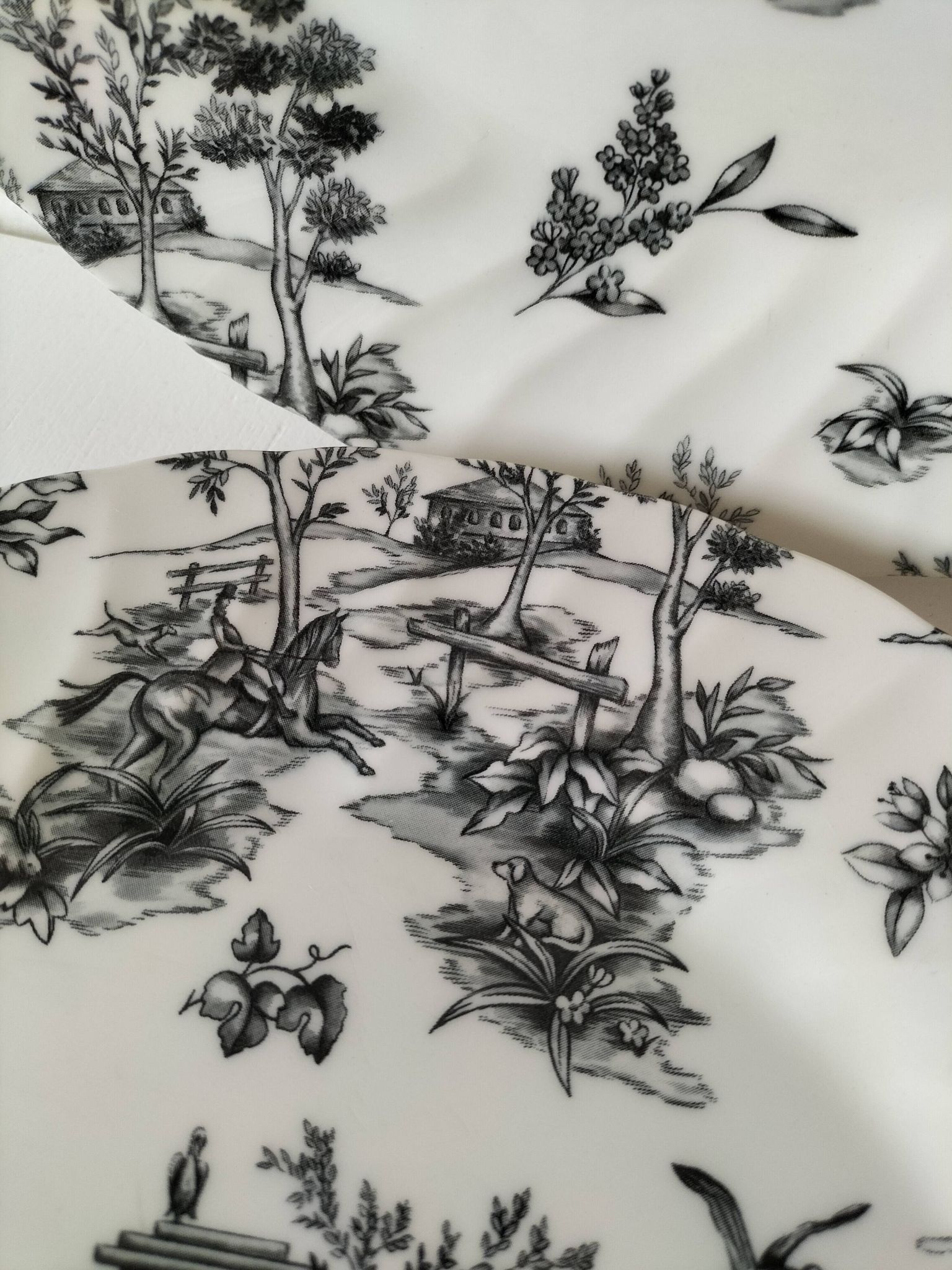 Set of black and white plates in the style of toile de Jouy.
