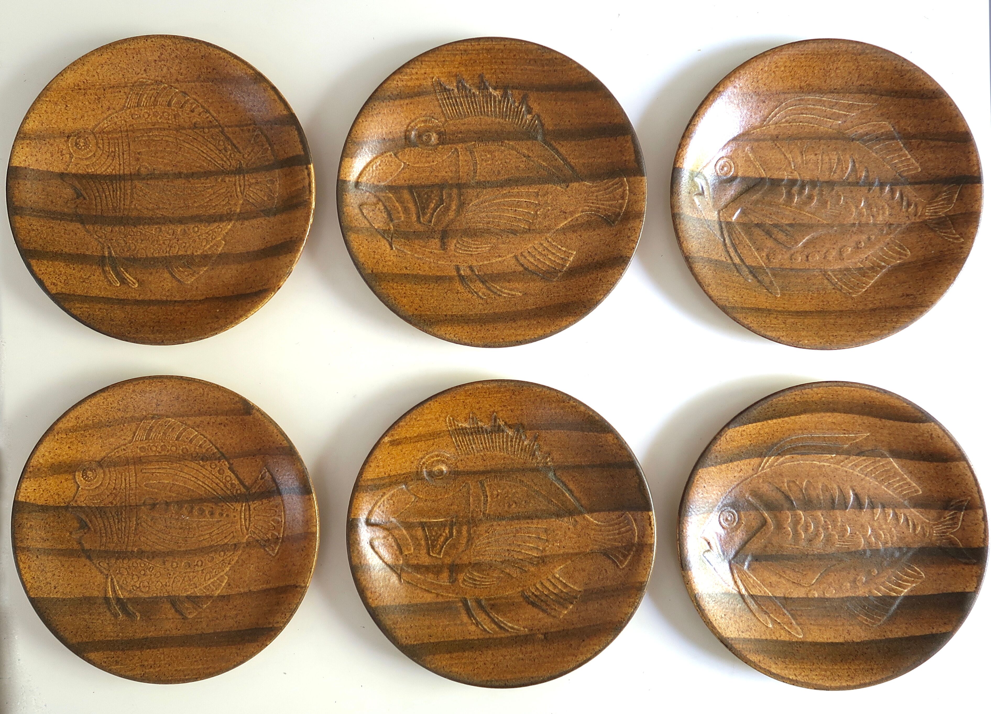 Set of 6 Longchamp plates with fish decor, 70s