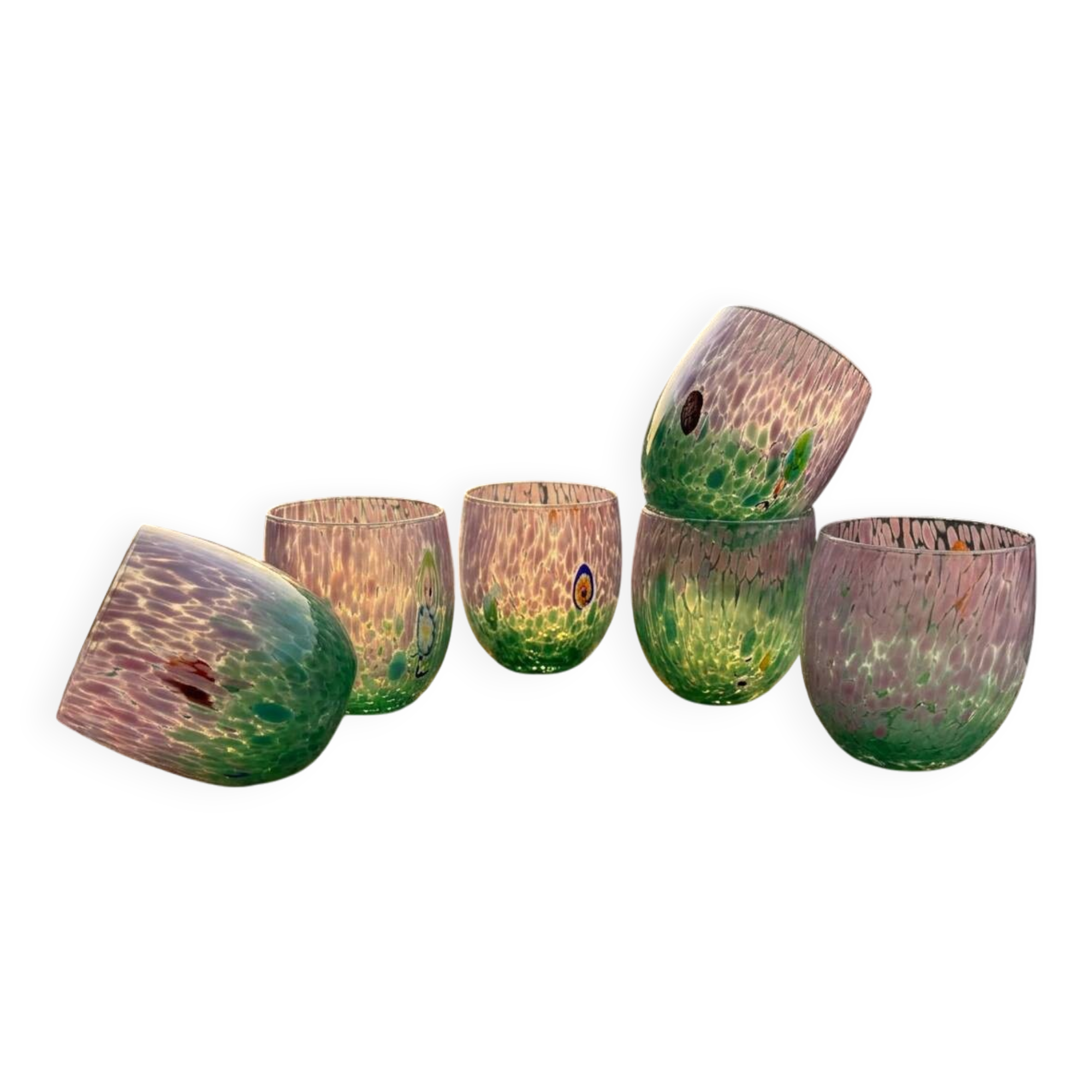 Set of 6 blown glass glasses with Effetre Murano murrine.