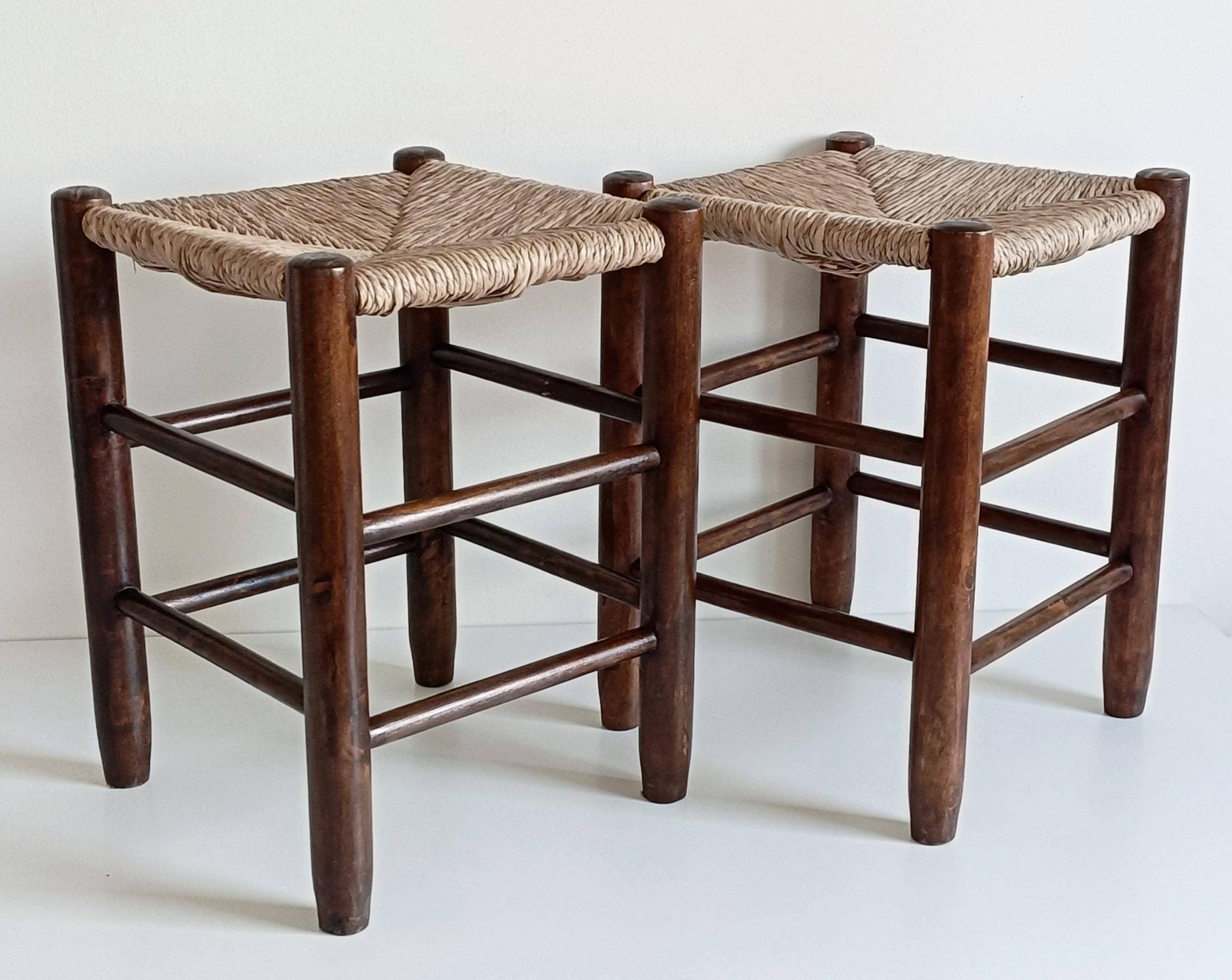 Charlotte Perriand Style, Pair of Rustic Wood and Straw Stools, France, c. 1950s