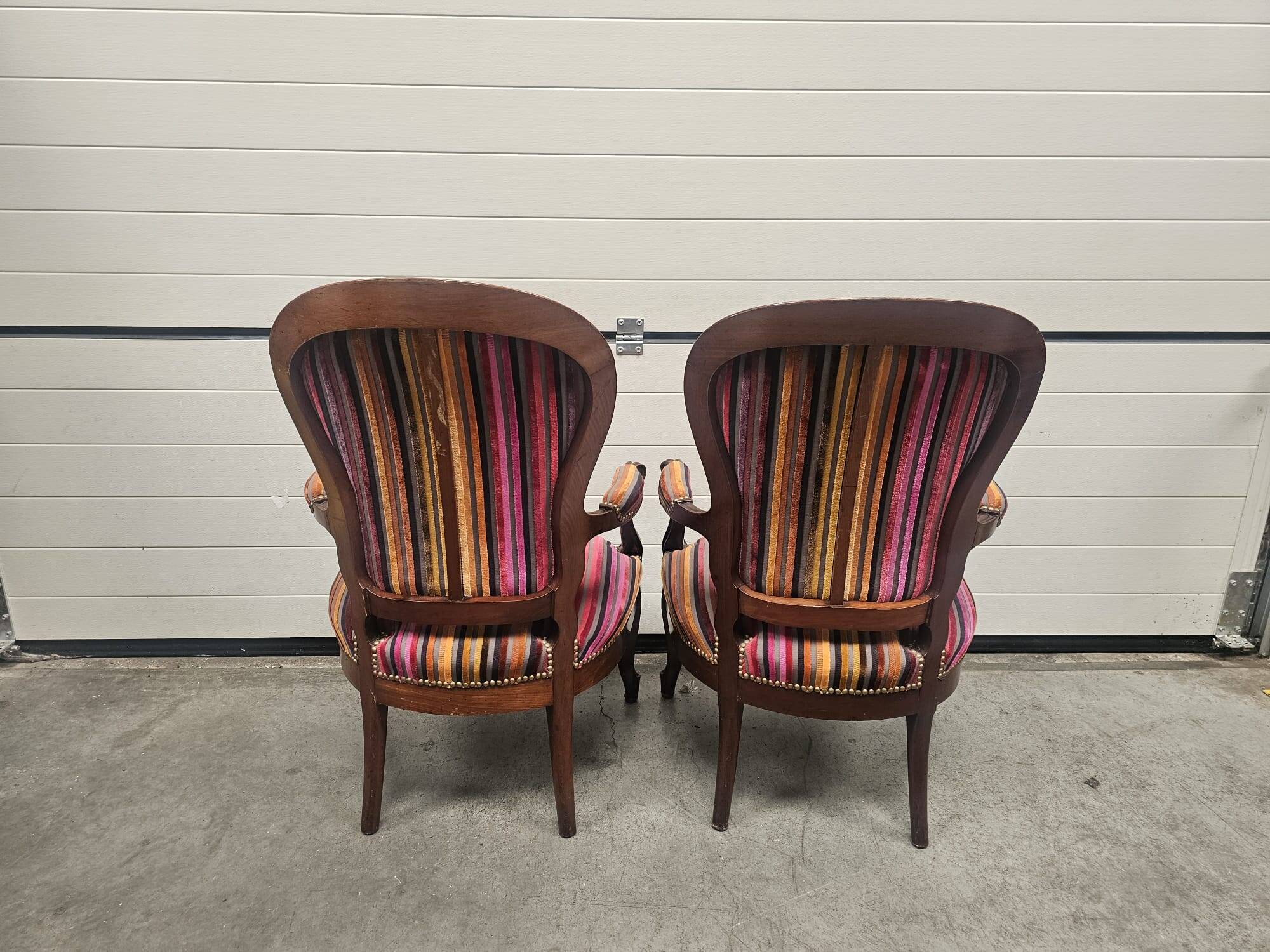 Pair of Louis Philippe armchairs in multi-colored striped velvet