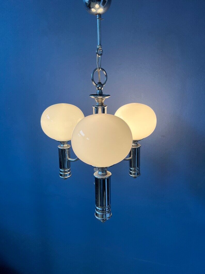 Mid-century white opaline glass chandelier with chrome frame