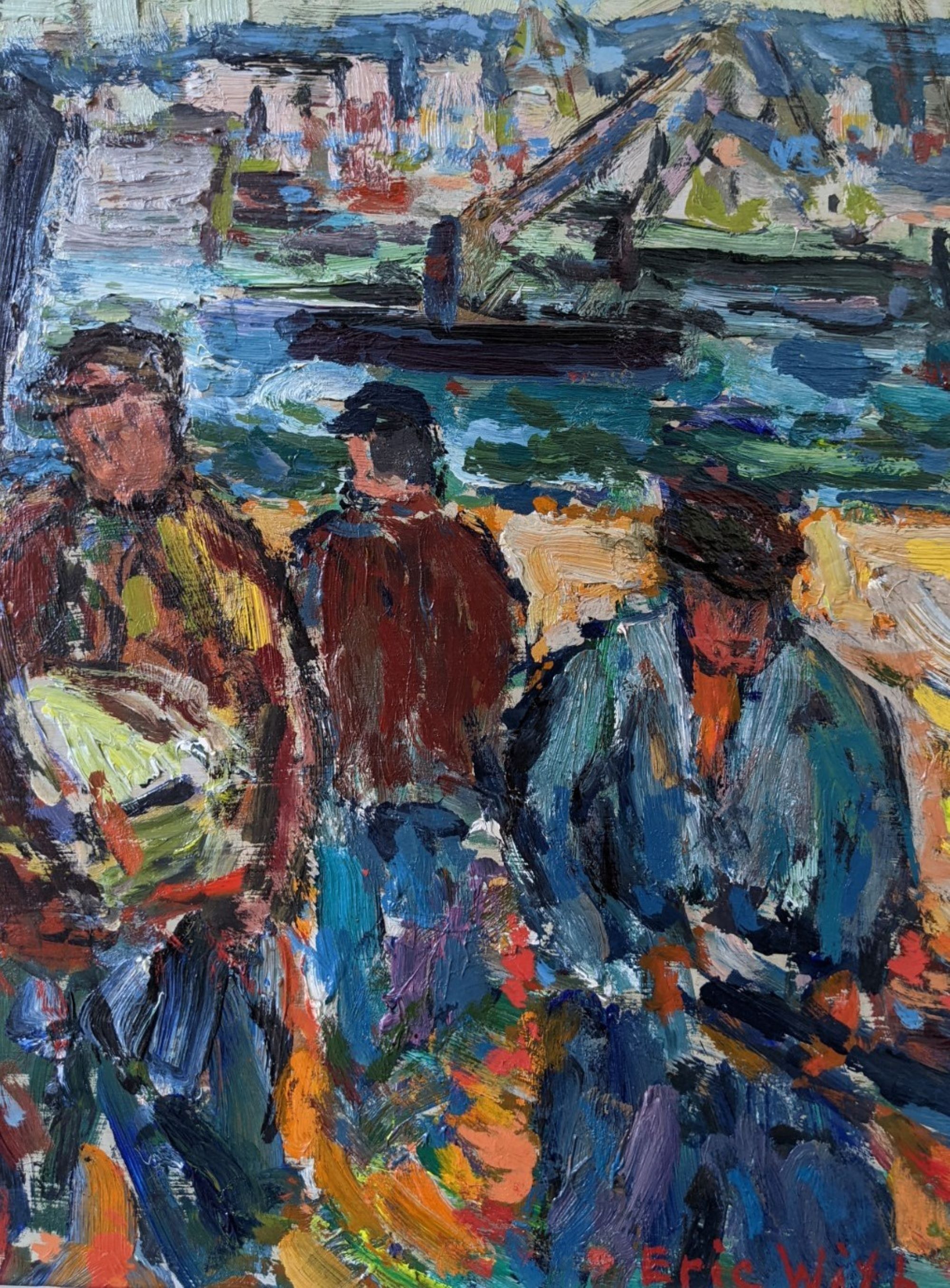 Mid-Century Modern Swedish "Coastal Dock" Vintage Figurative Oil Painting, Framed