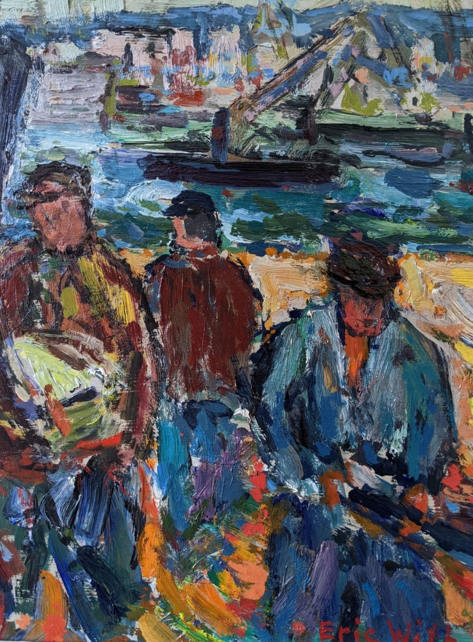 Peinture à l’huile figurative vintage suédoise « Coastal Dock » du milieu du siècle, encadrée