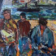 Peinture à l’huile figurative vintage suédoise « Coastal Dock » du milieu du siècle, encadrée