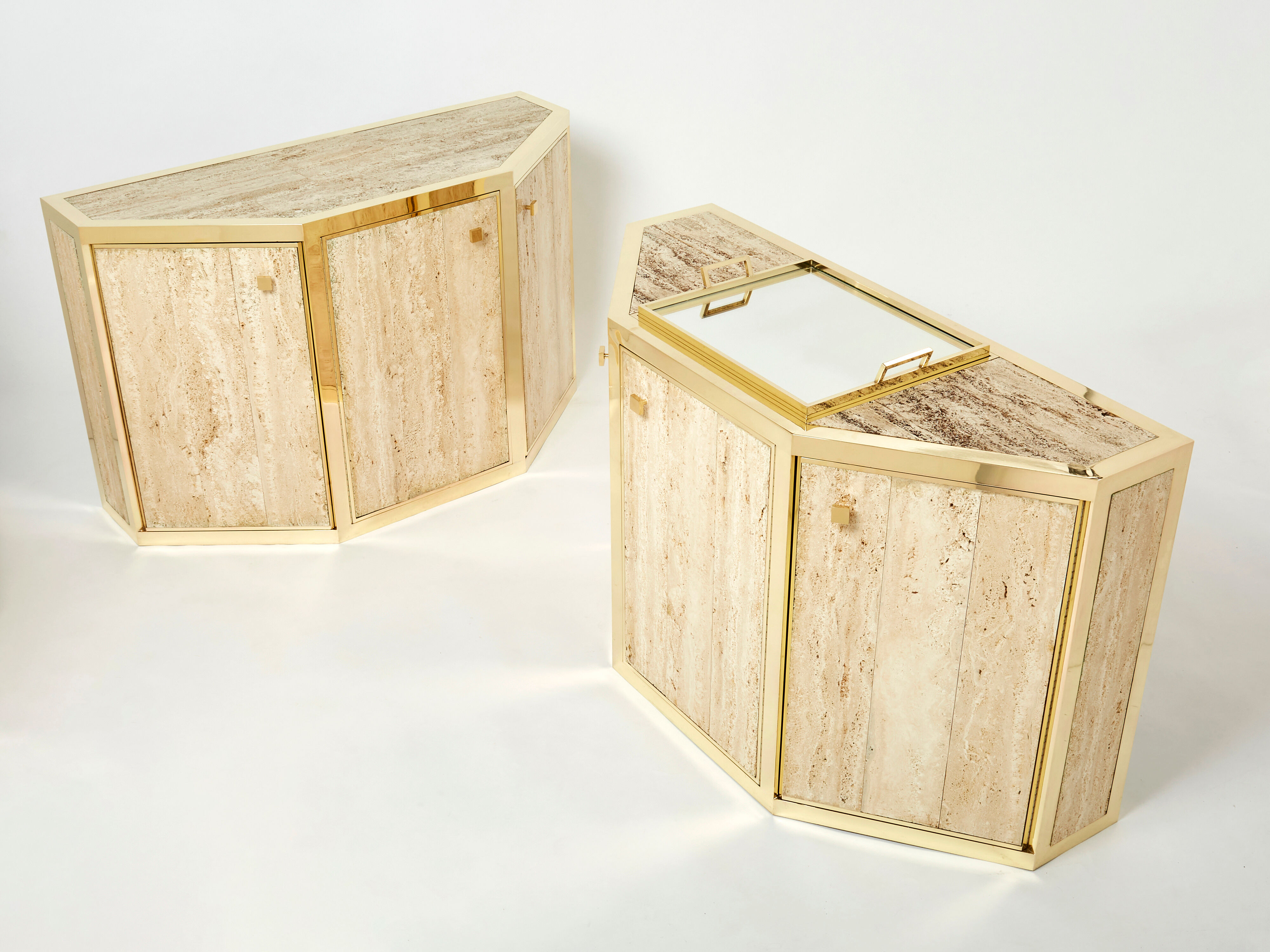 Pair of travertine brass cabinets by Alfredo Freda 1975