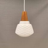 Lamp in white glass with teak top. It is Danish and estimated from the 1970s-1980s.