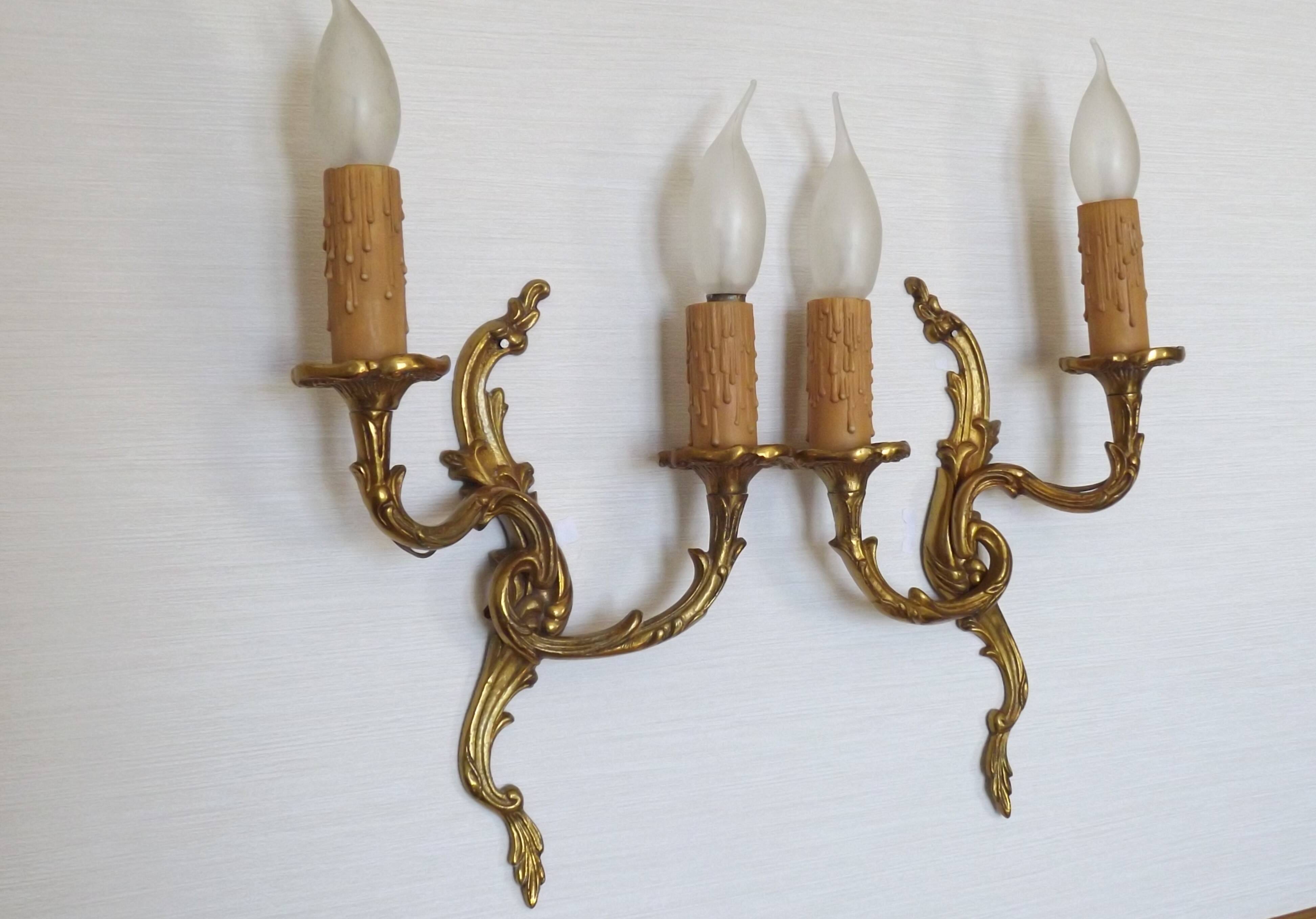 Pair of Elegant French Bronze Opposite Acanthus Leaf Double Wall Sconces
