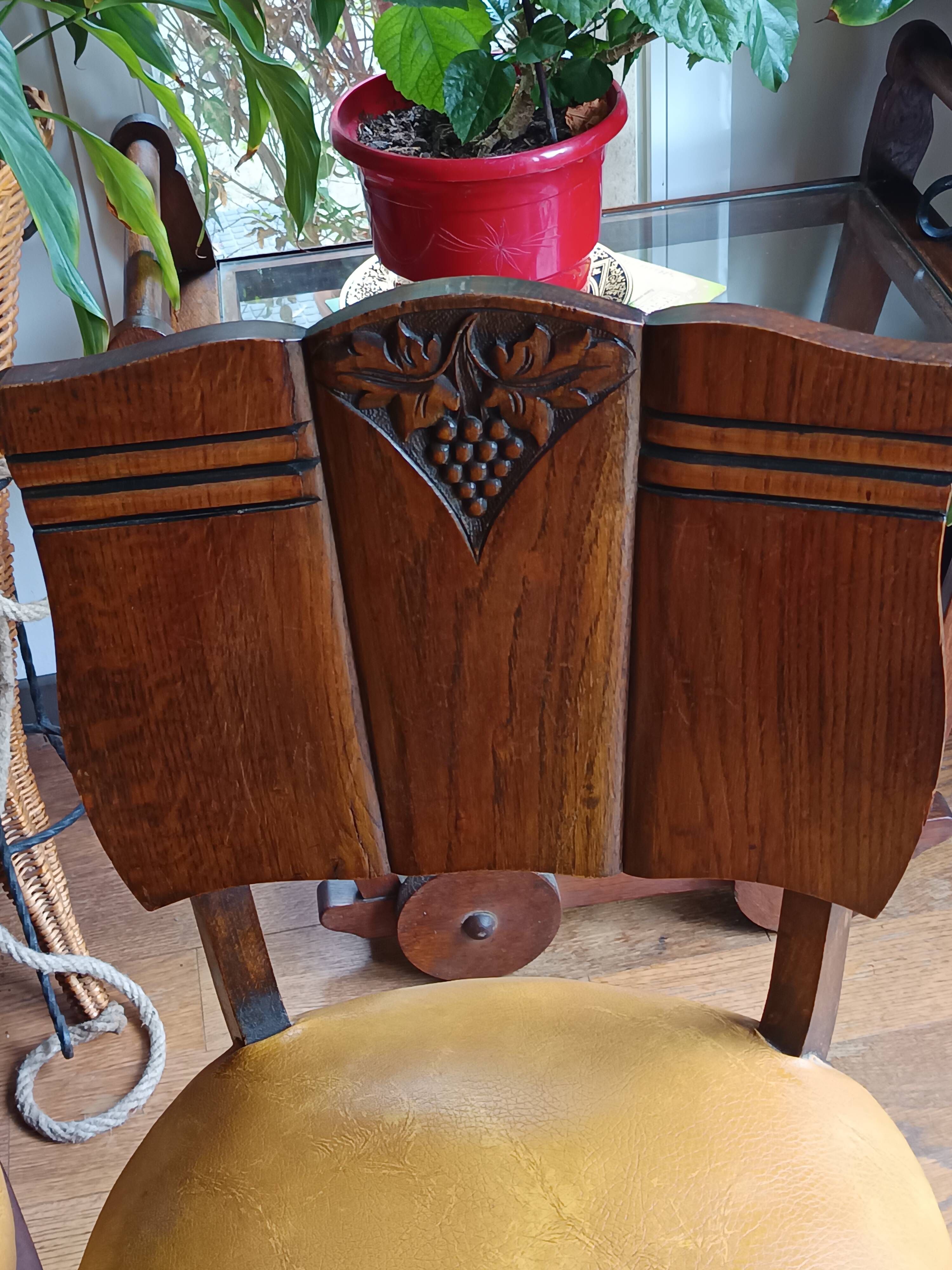 set of 4 vintage Art Deco chairs with carved wood and grape cluster design