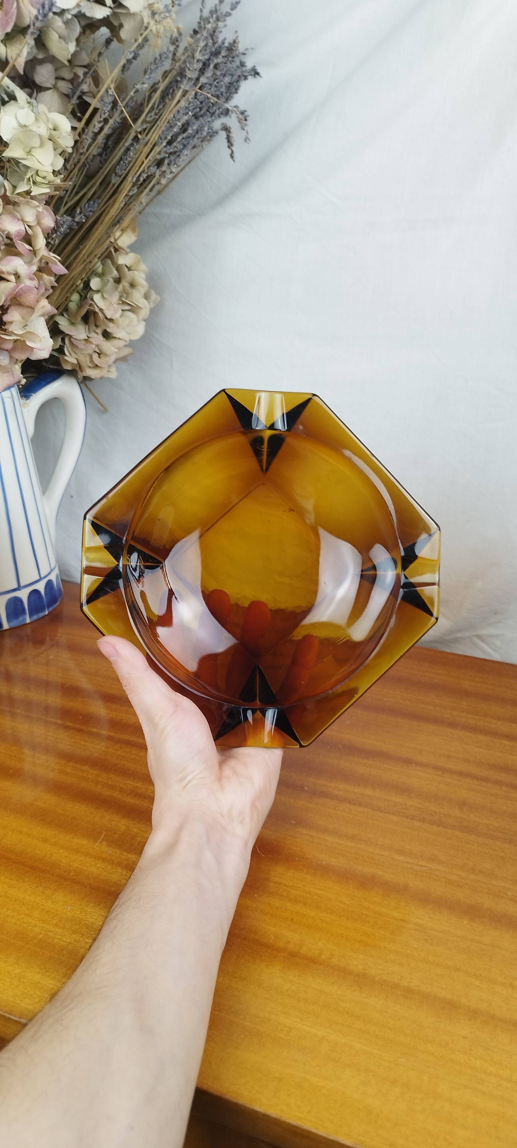 Large Geometric Amber Yellow Glass Ashtray Vintage Art Deco Style