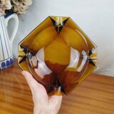 Large Geometric Amber Yellow Glass Ashtray Vintage Art Deco Style