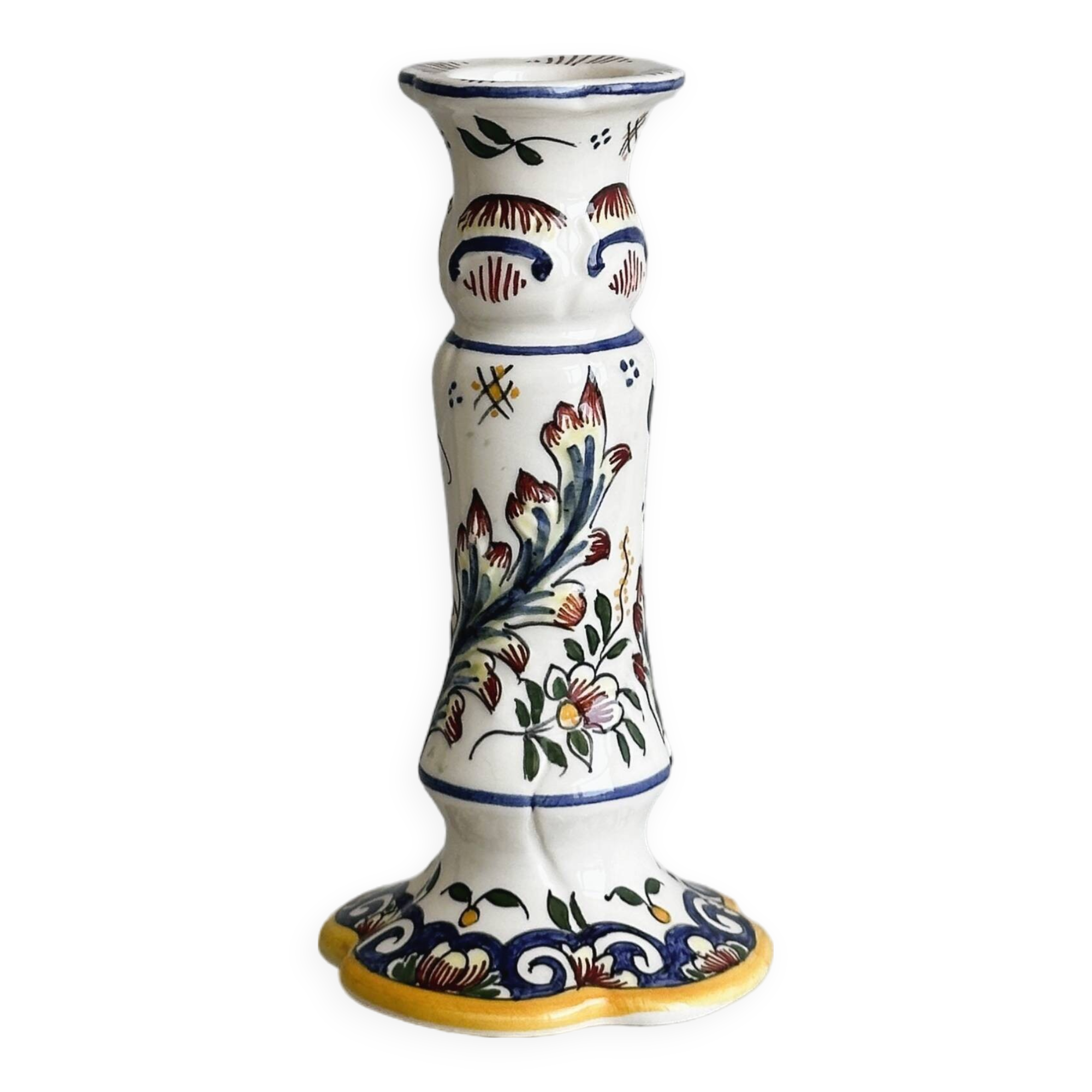 Desvres earthenware candle holder, hand-painted floral decoration.