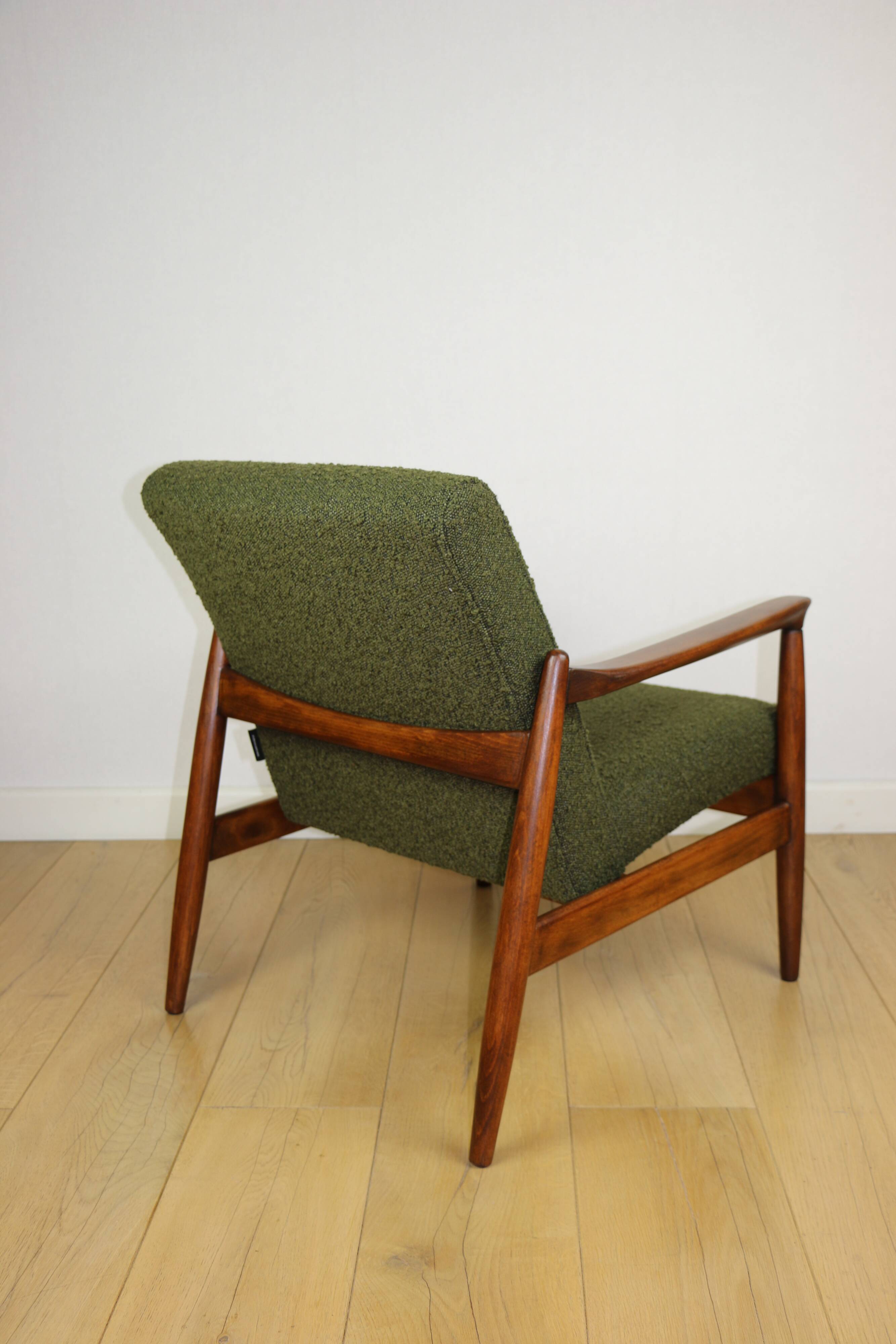 GFM-64 armchair, design by Edmund Homa from the 60s, olive green boucle - 2 pieces available