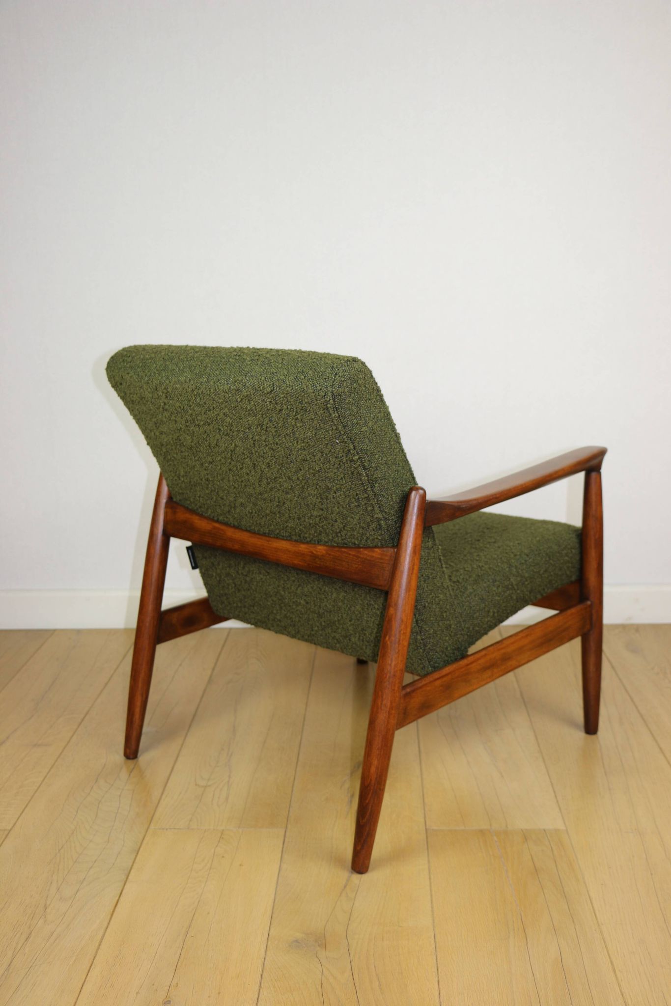 GFM-64 armchair, design by Edmund Homa from the 60s, olive green boucle - 2 pieces available