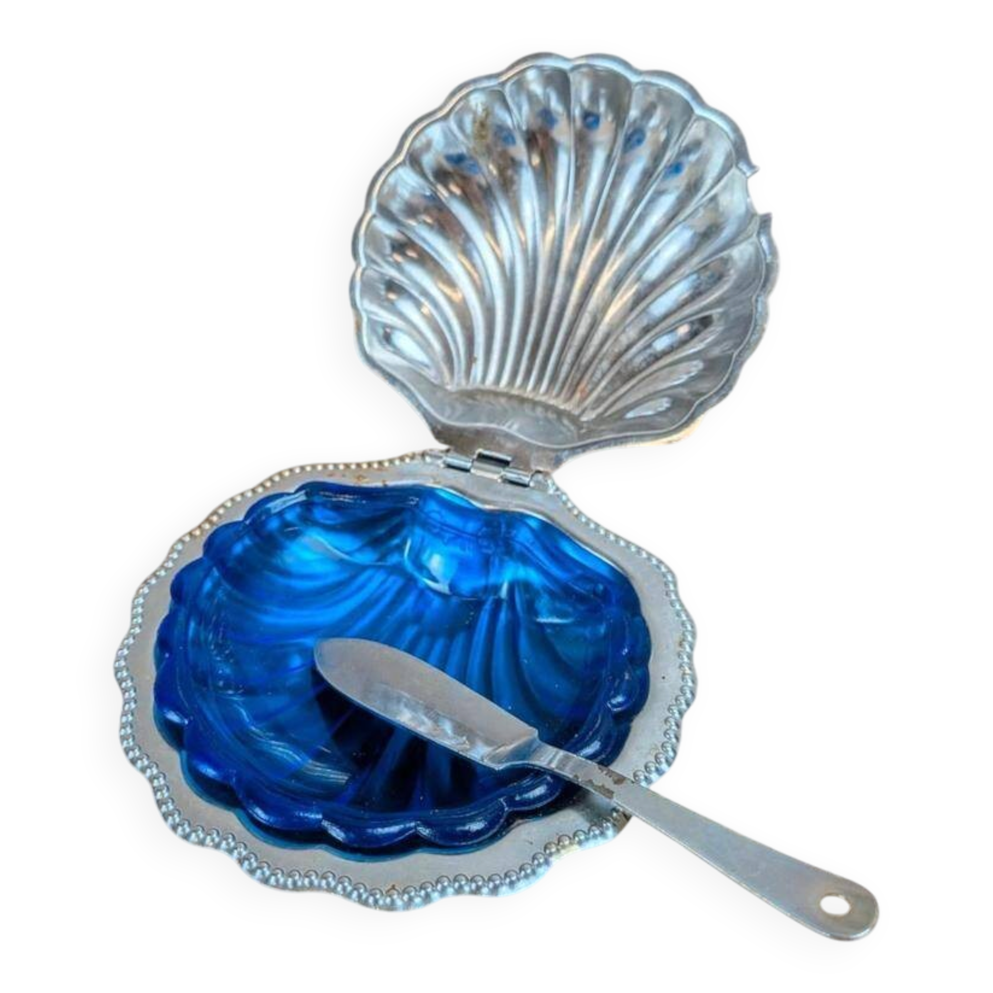 Vintage shell butter dish in silver-plated metal and blue glass – complete