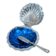 Vintage shell butter dish in silver-plated metal and blue glass – complete
