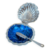 Vintage shell butter dish in silver-plated metal and blue glass – complete