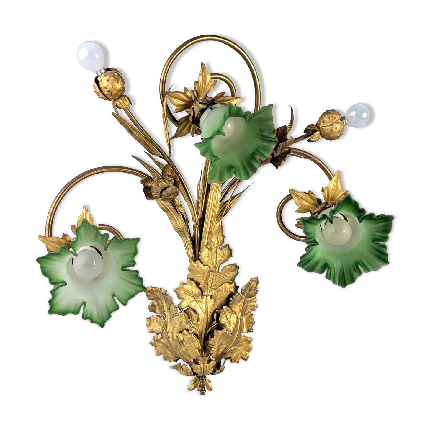 Art Nouveau Chestnut Leaf and Green Glass Sconce, 1900s