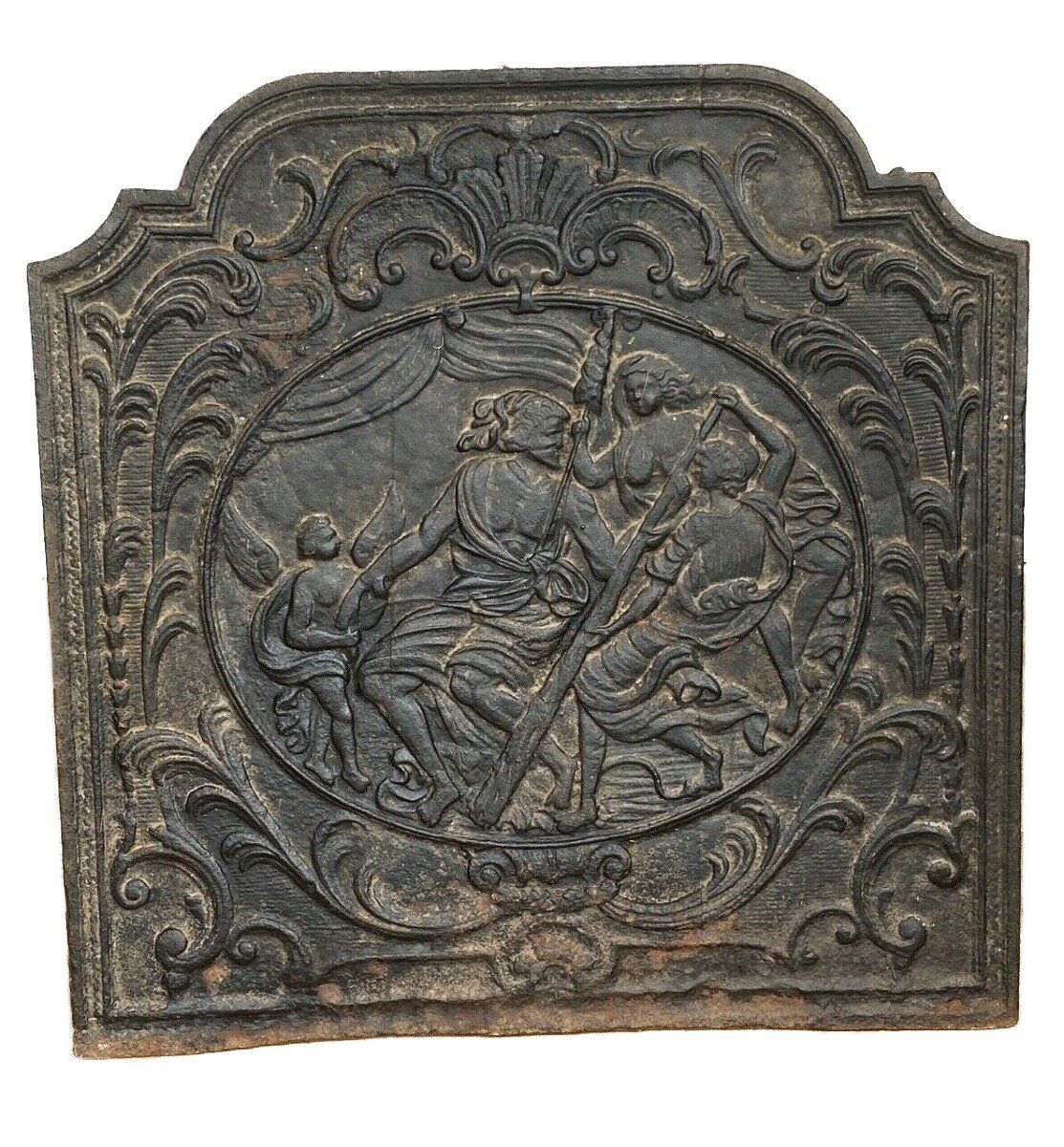 Plaque cheminée en fonte XVIII ème a decor de personnages arabesque
