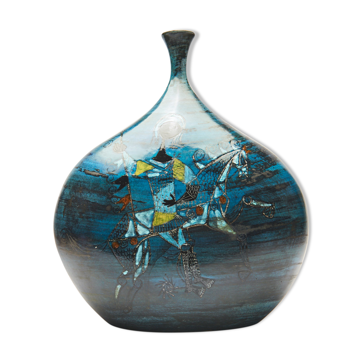 Large blue vase with ceramic rider by Jean de Lespinasse
