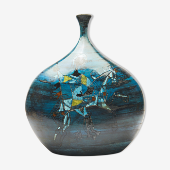 Vase bleu au cavalier en céramique par Jean de Lespinasse