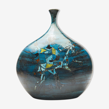 Large blue vase with ceramic rider by Jean de Lespinasse