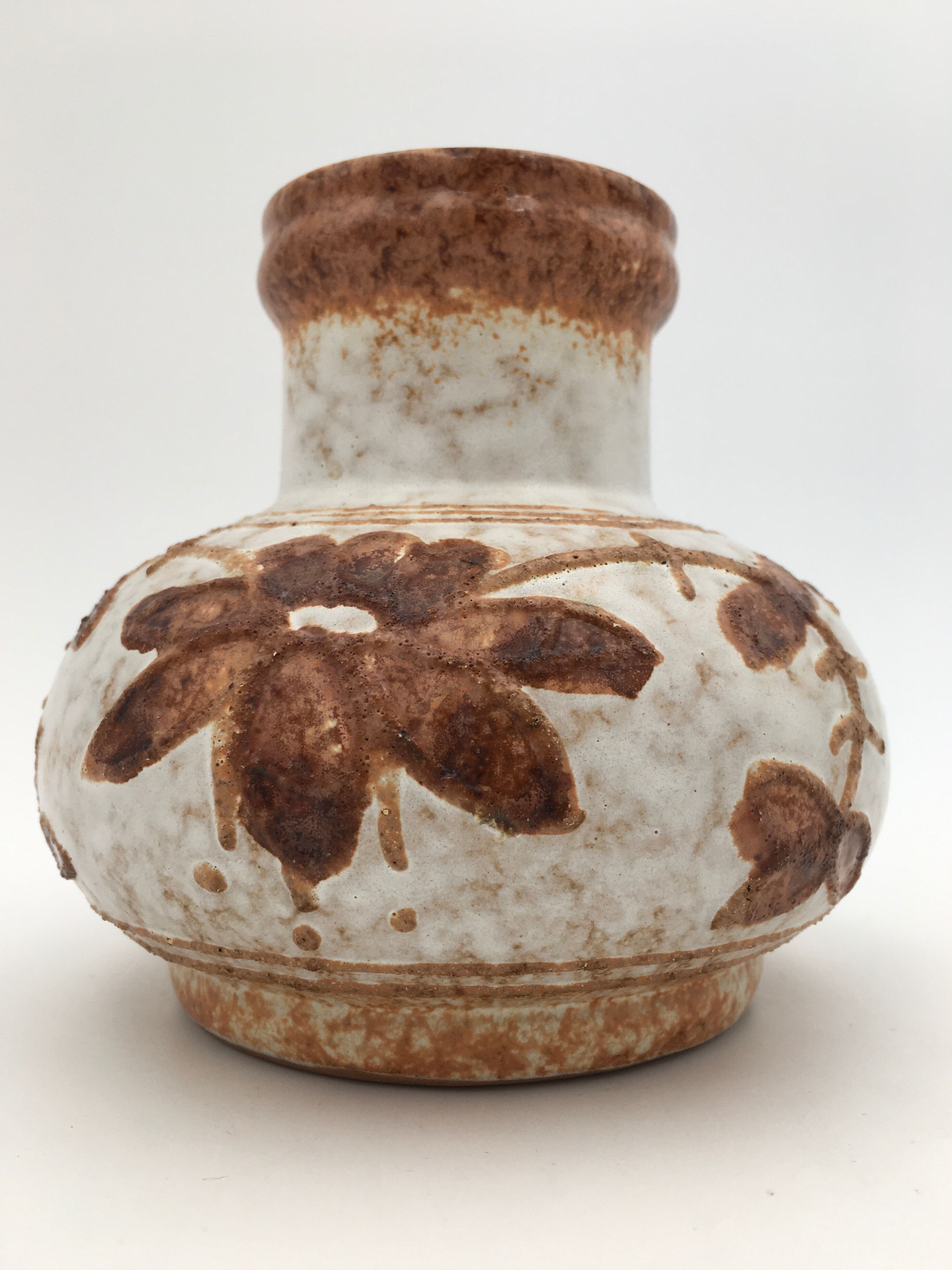 Vintage glazed ceramic vase, floral pattern, brown, beige - 1970s