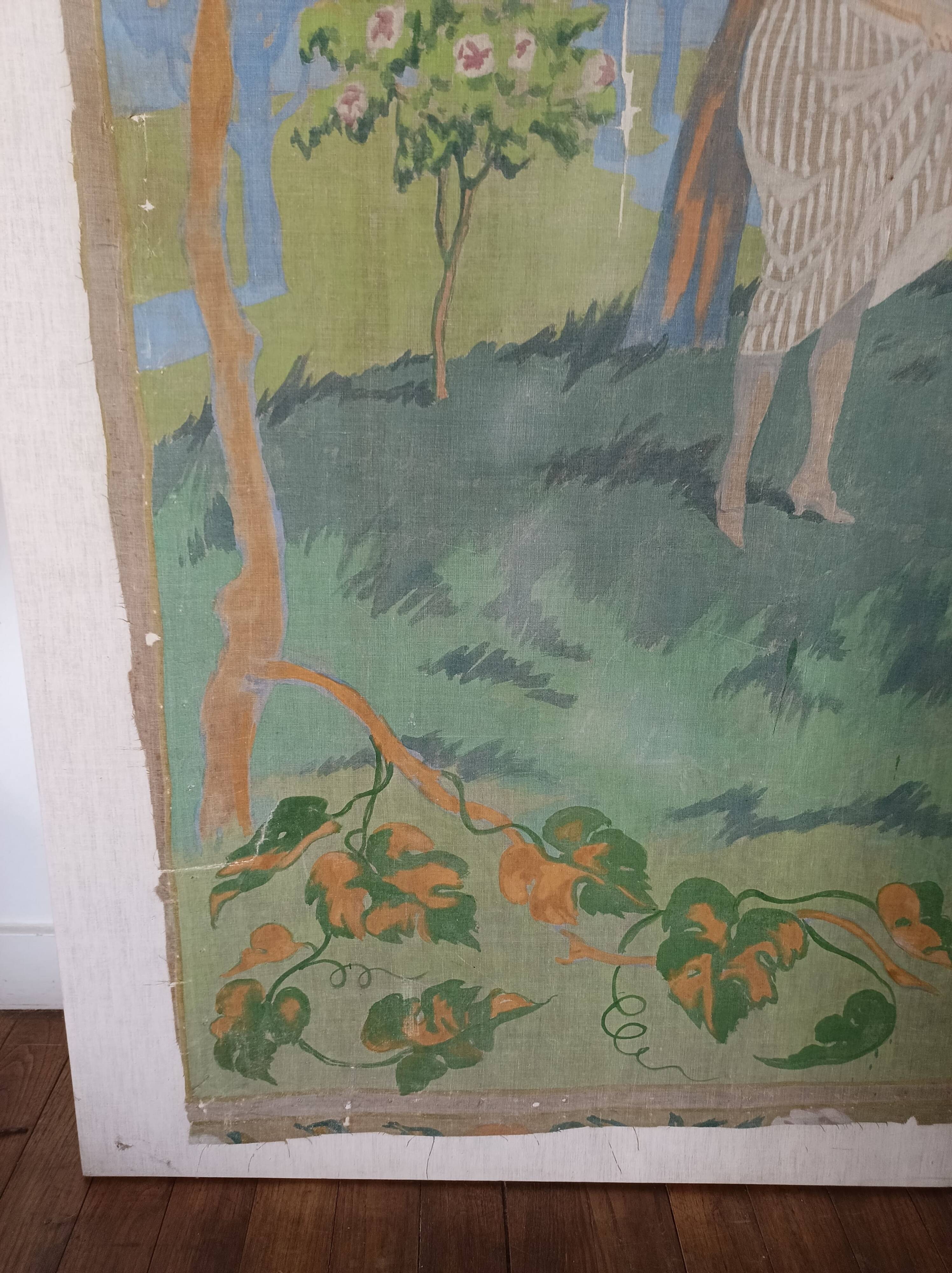 Large painting on canvas from the 20th century mounted on a frame - rural scene.