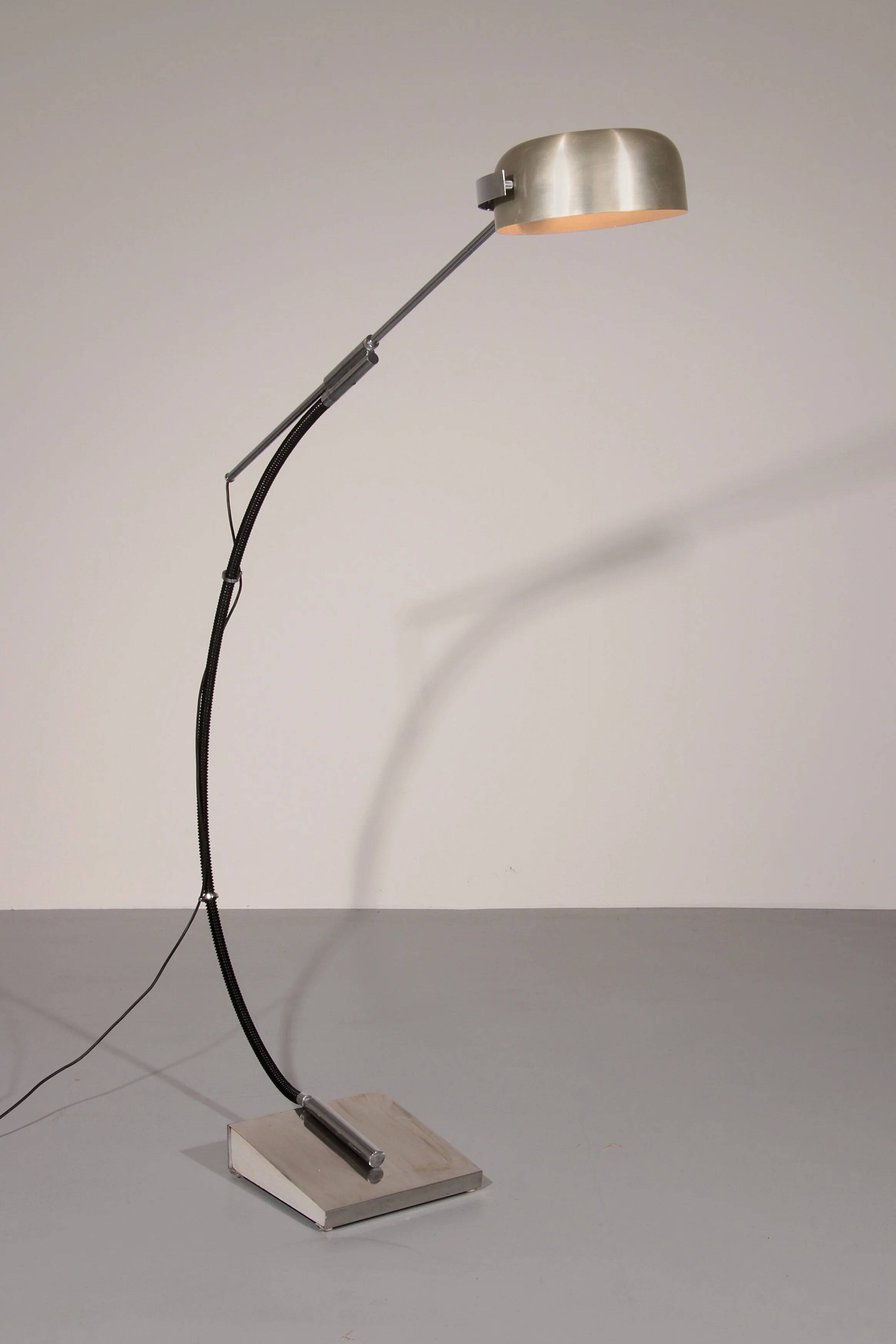 Iconic 1970s chrome arc floor lamp with adjustable swing arm, 1970 Italy