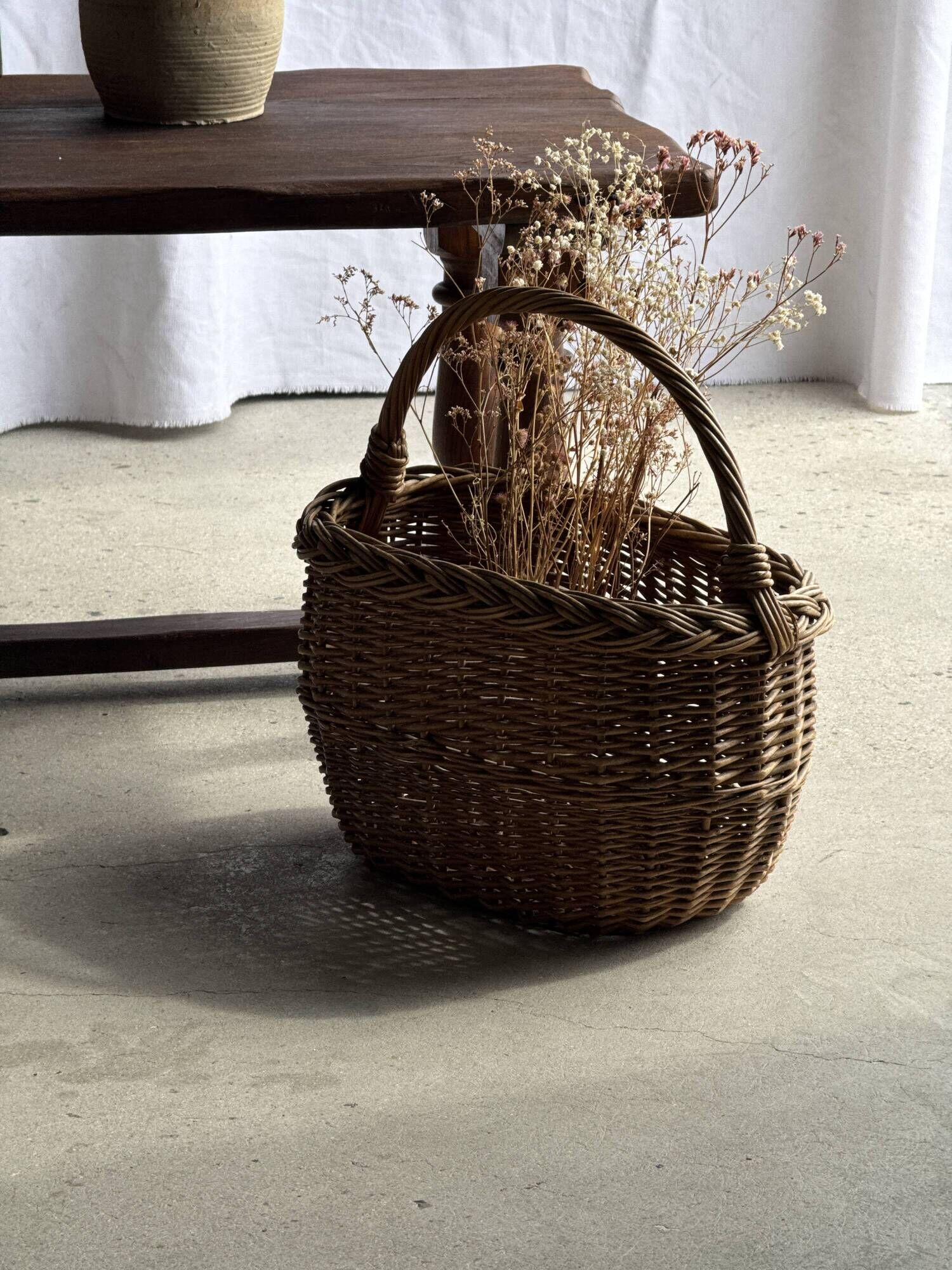 Large antique woven wicker basket with handle H45 L43 D25