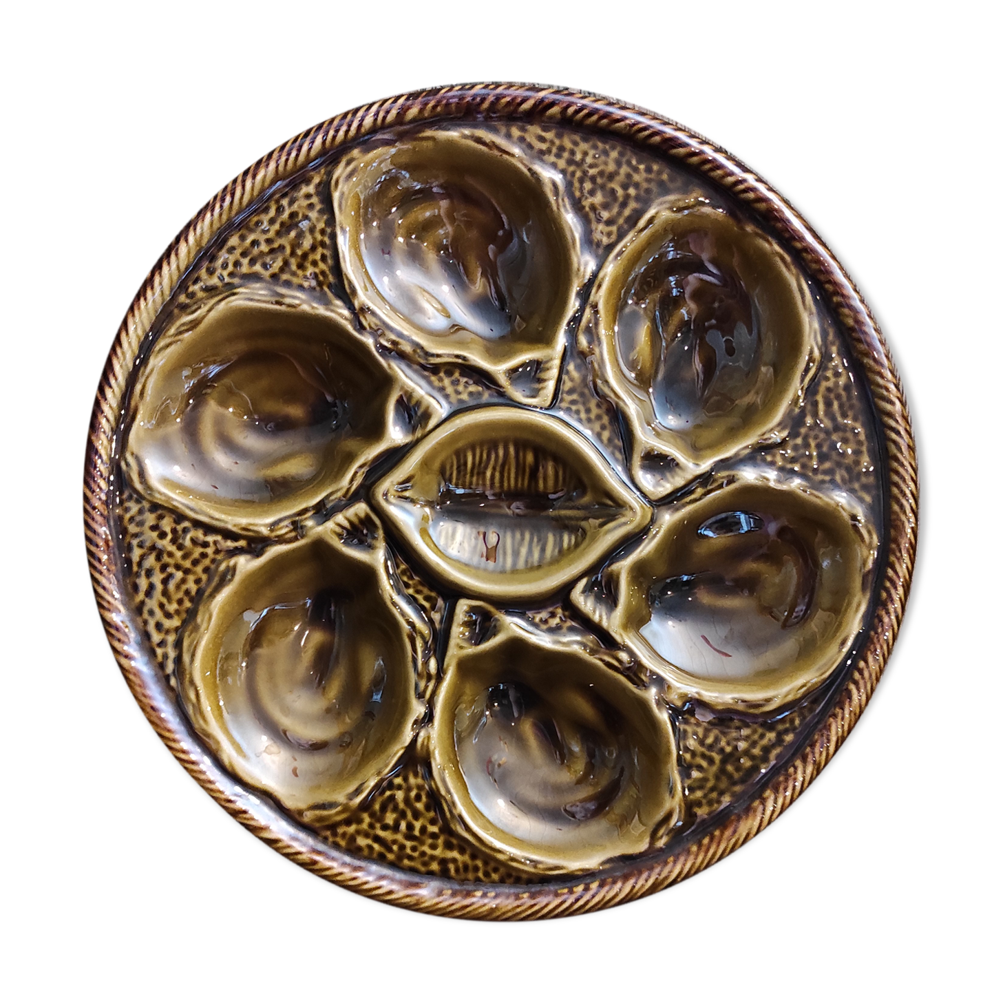 Vintage French oyster plate in Majolica from Saint Clément