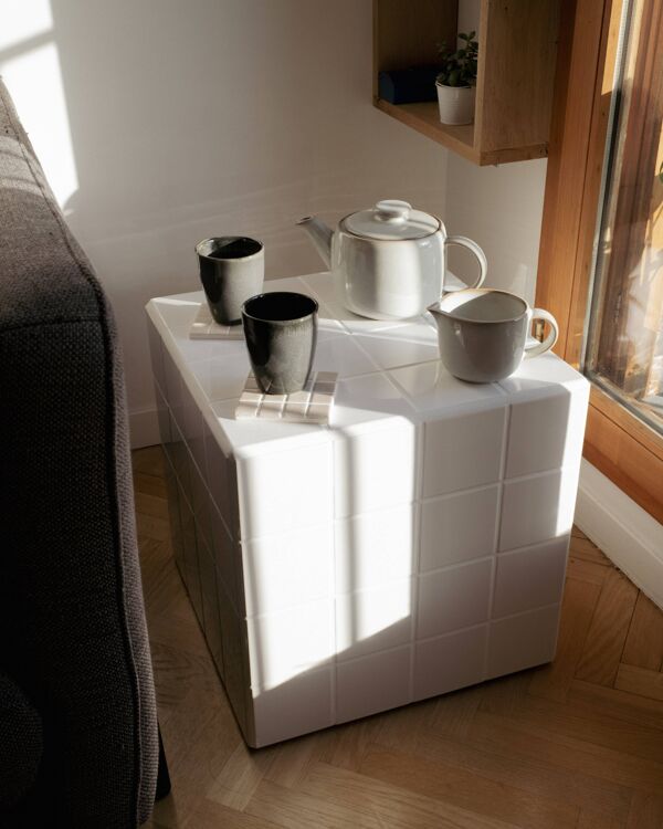 Cube-Table d'appoint-Table de chevet-Carreaux-Céramique-Blanc-Brillant