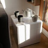 Cube-Table d'appoint-Table de chevet-Carreaux-Céramique-Blanc-Brillant