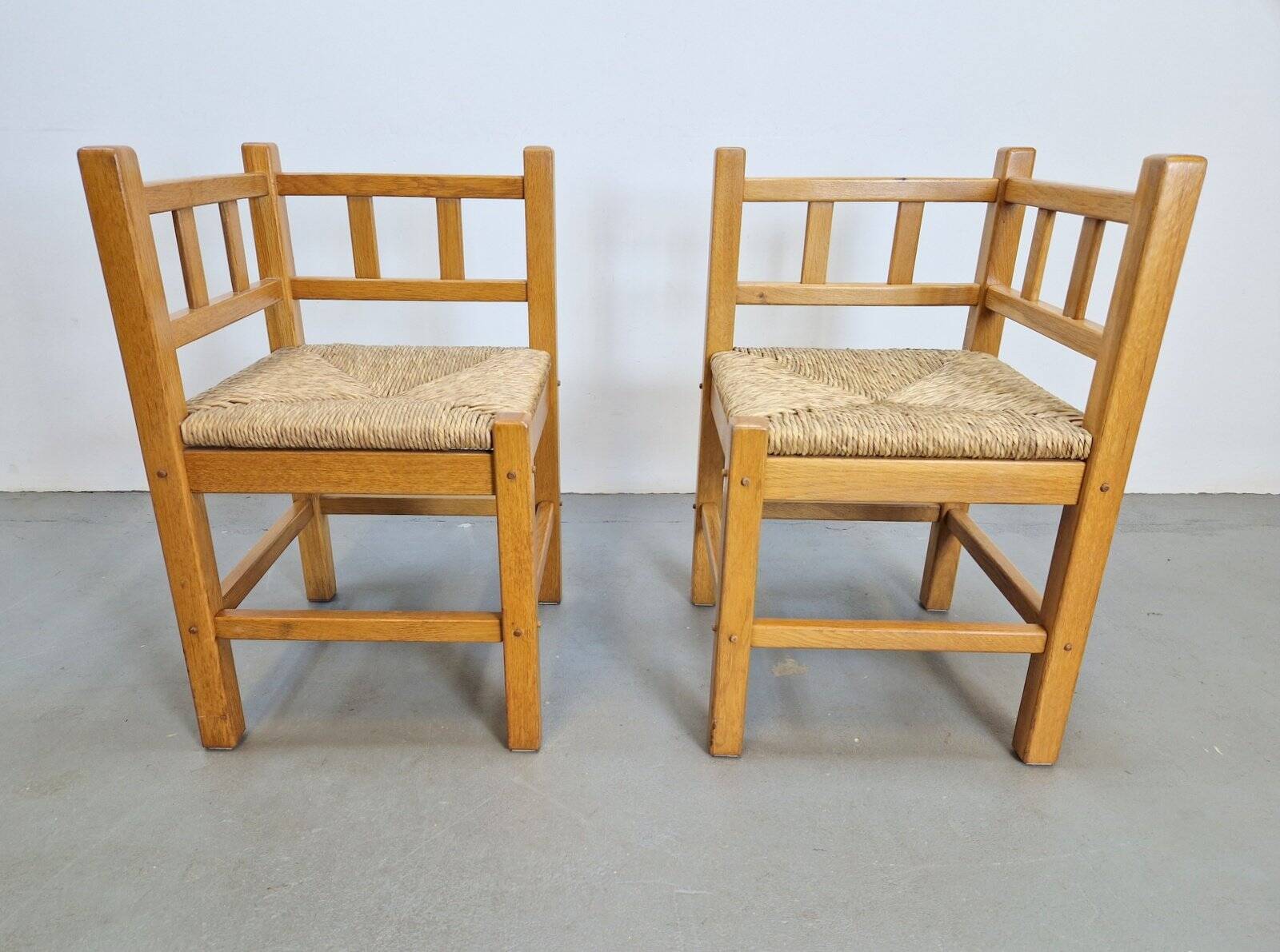 Dutch Modernist Art Deco Style Corner Chair in Oak and Rush, 1950s, Set of 2