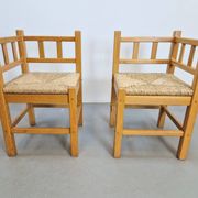 Dutch Modernist Art Deco Style Corner Chair in Oak and Rush, 1950s, Set of 2