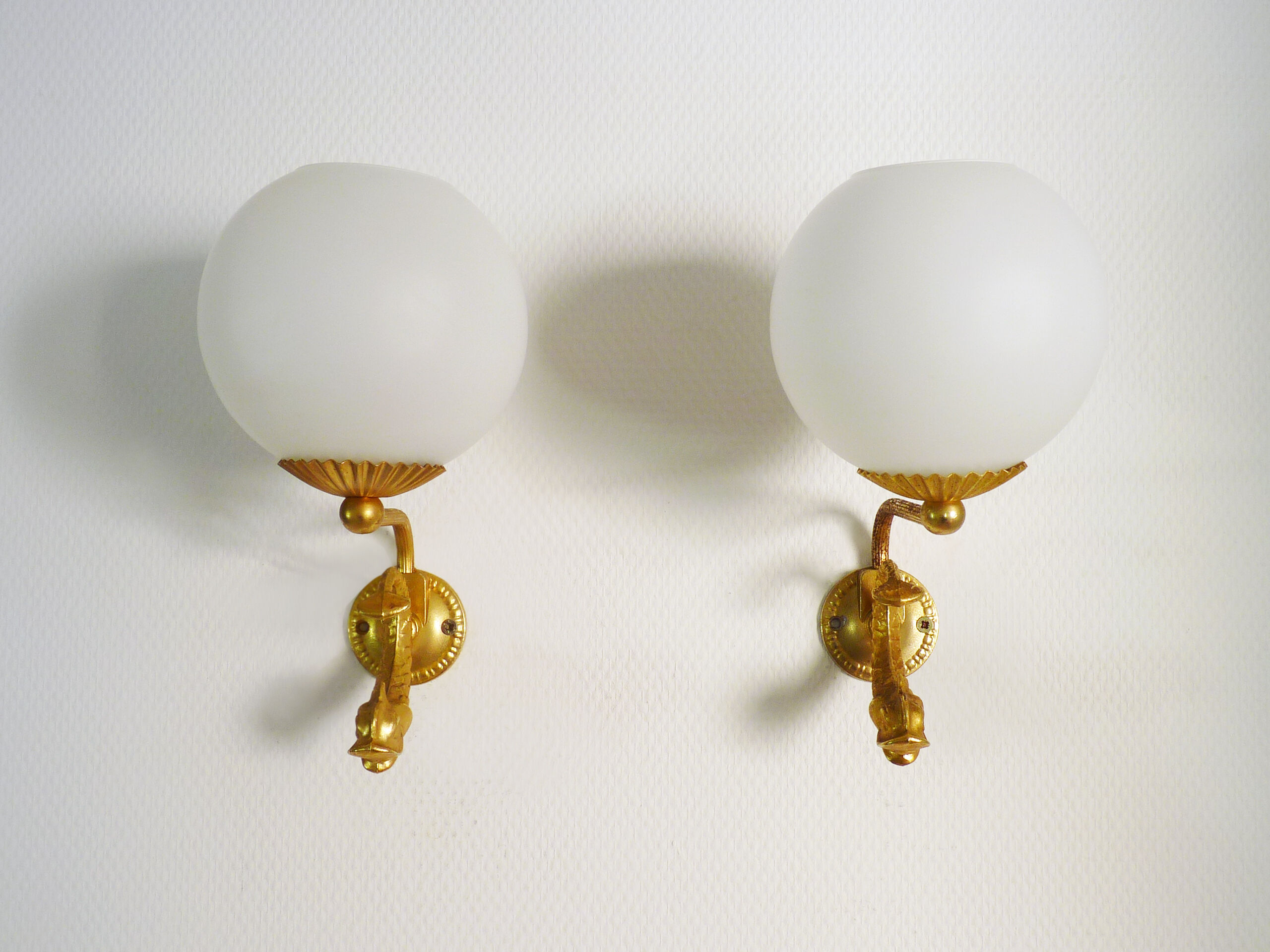 Pair of wall lamps with carp fish, brass and white opaline globe 1960
