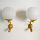Pair of wall lamps with carp fish, brass and white opaline globe 1960