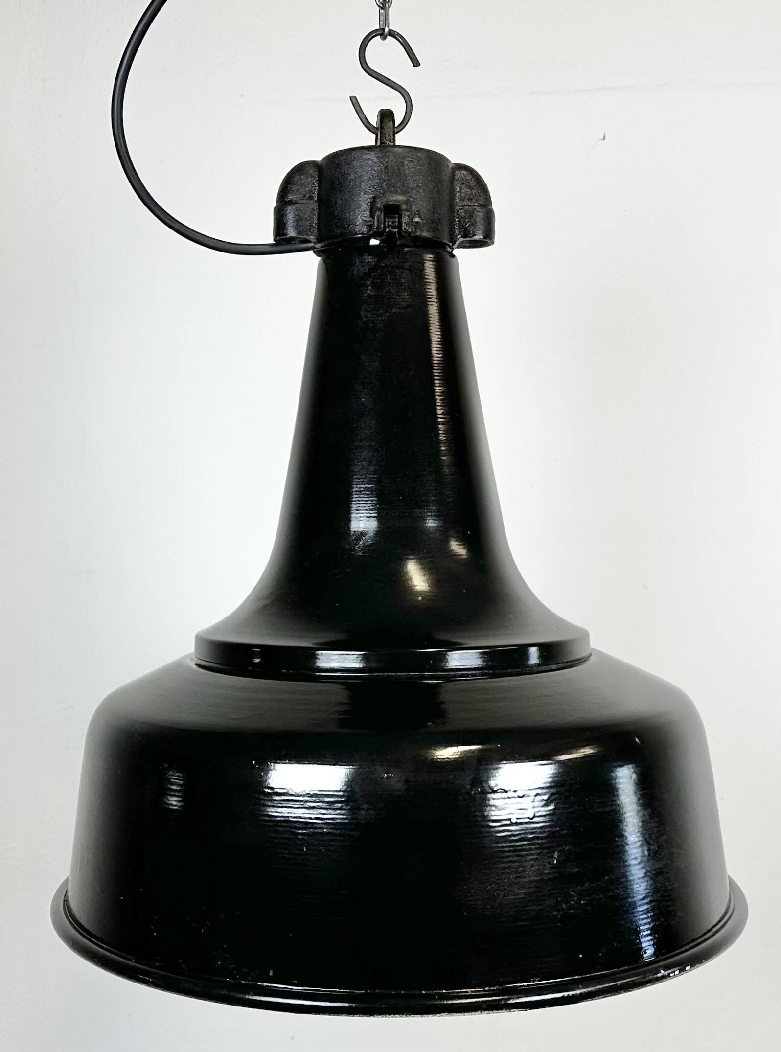 Industrial black pendant factory lamp with cast iron top, 1970s