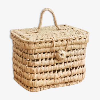 Malle panier de rangement en feuilles de palmier tressé vintage bohème