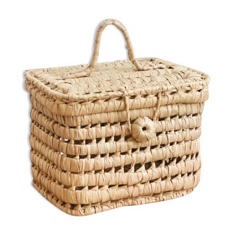 Malle panier de rangement en feuilles de palmier tressé vintage bohème