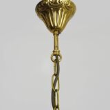 Old chandelier, brass crown ceiling light, 3 floors, 3 lights, glass pendants. 60s