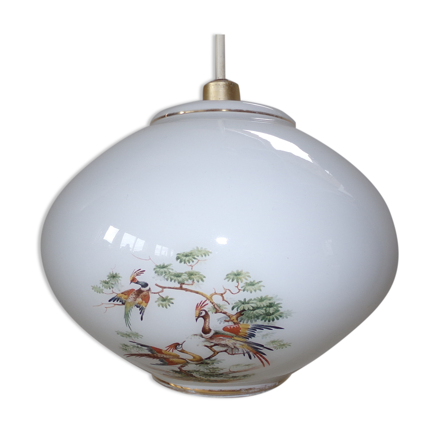 Suspension en opaline blanche décor oiseaux