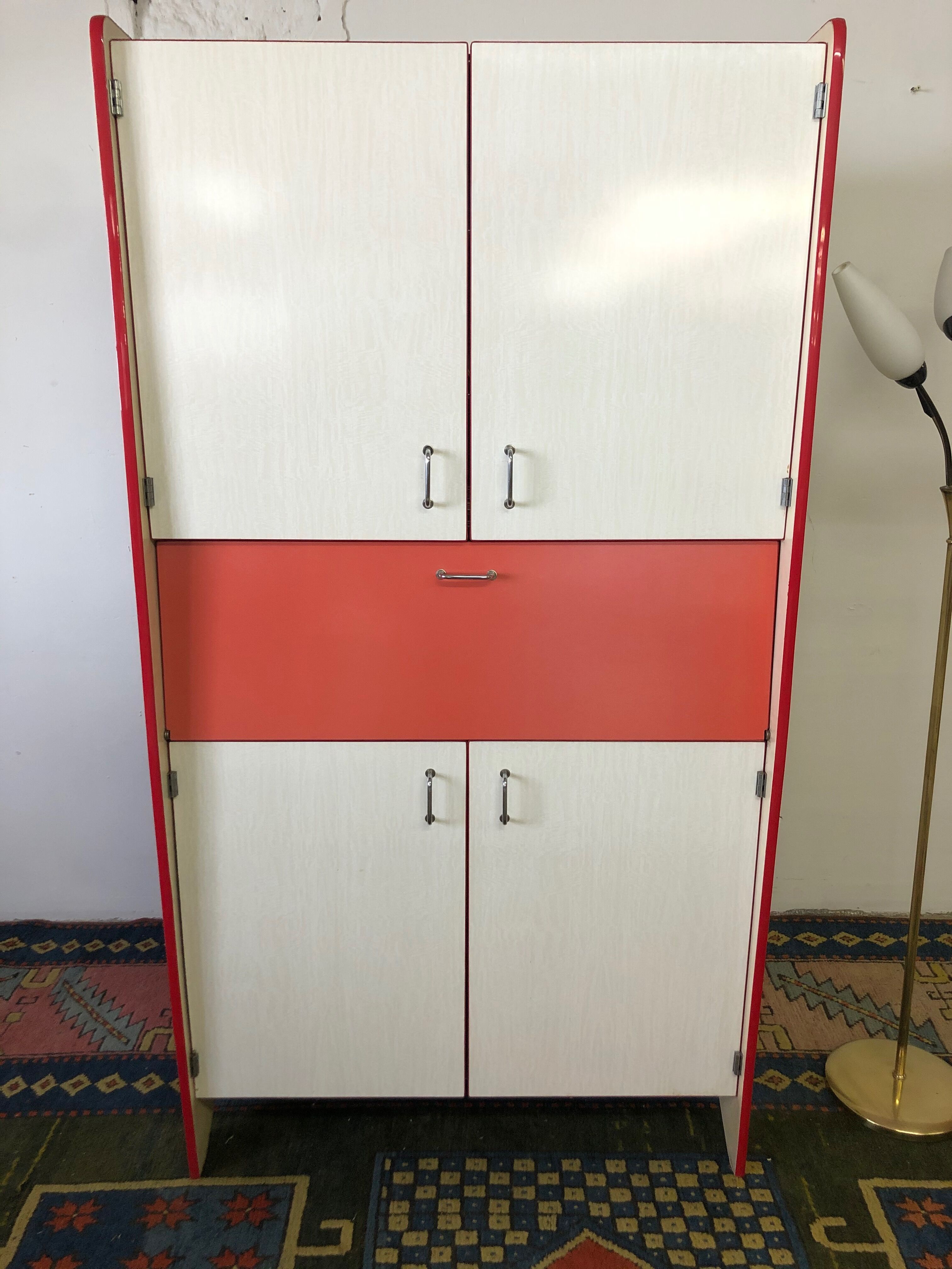 Stunning Formica Red and White Oblique Line Storage Furniture
