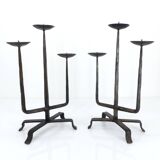 Pair of brutalist wrought iron candlesticks, France, three lights, signed