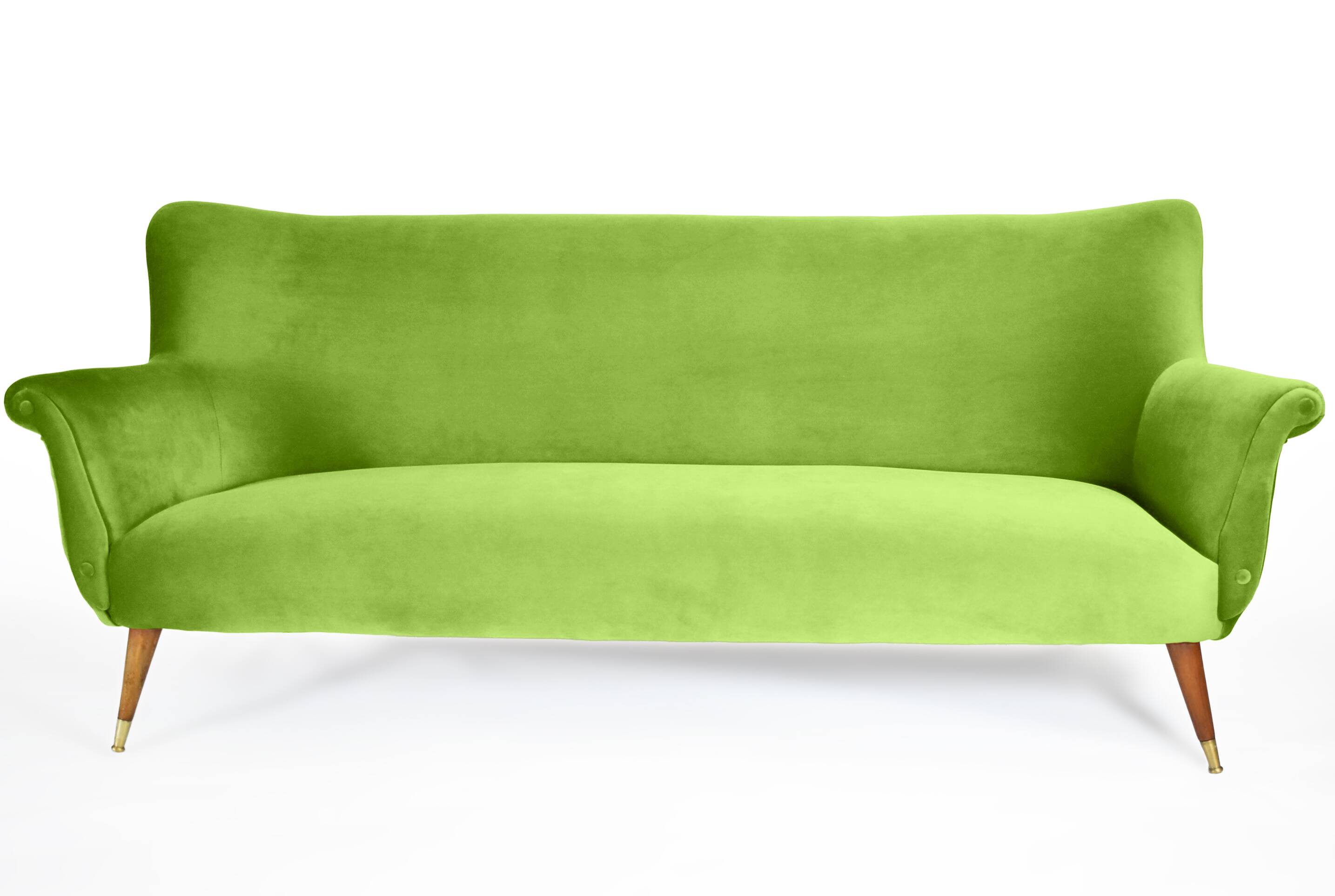 Canapé trois places en velours, années 60, pistache, restauré