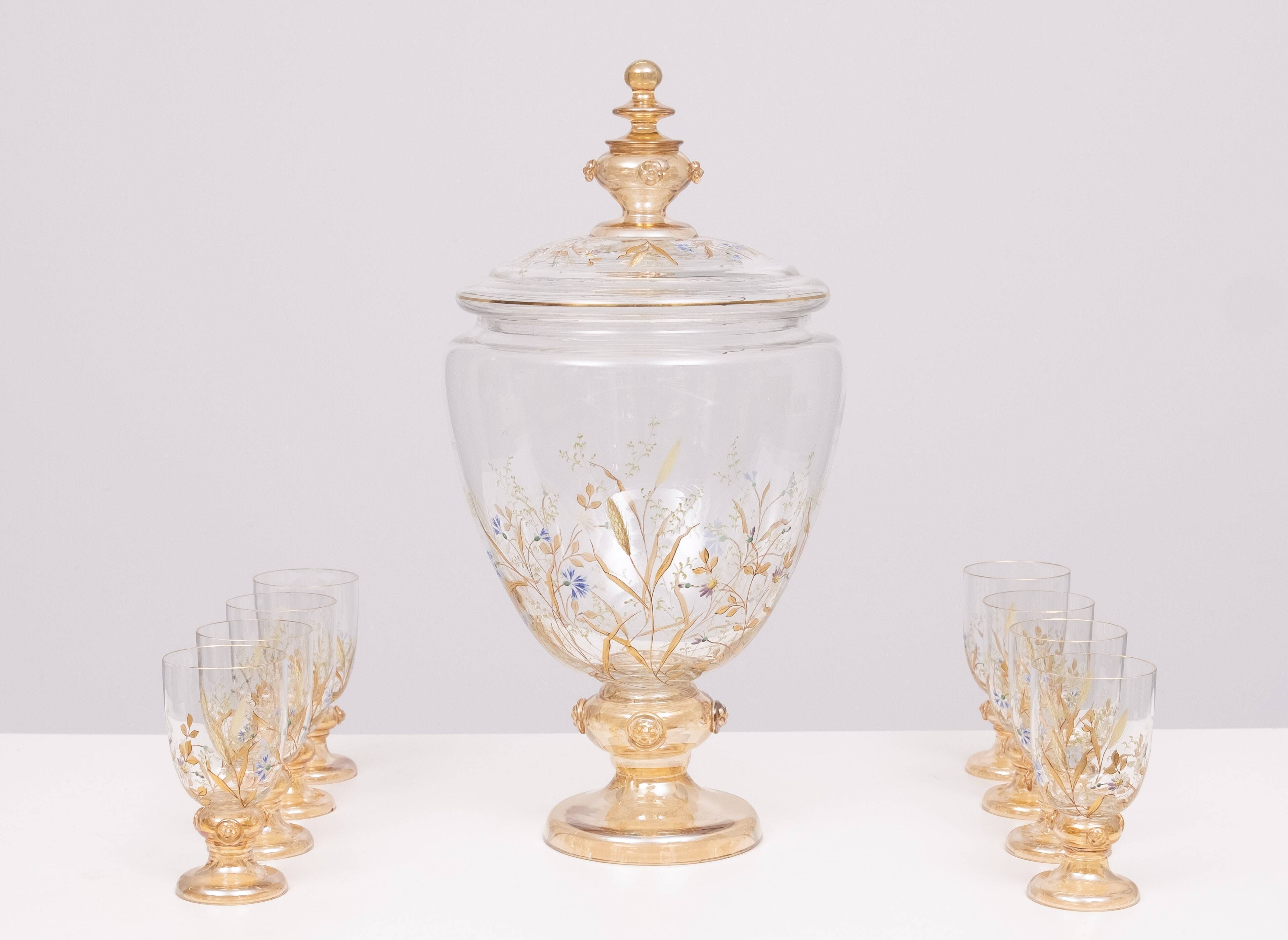 Stunning Antique Enameled Glass serving set for fruit, dessert or punch. 1880